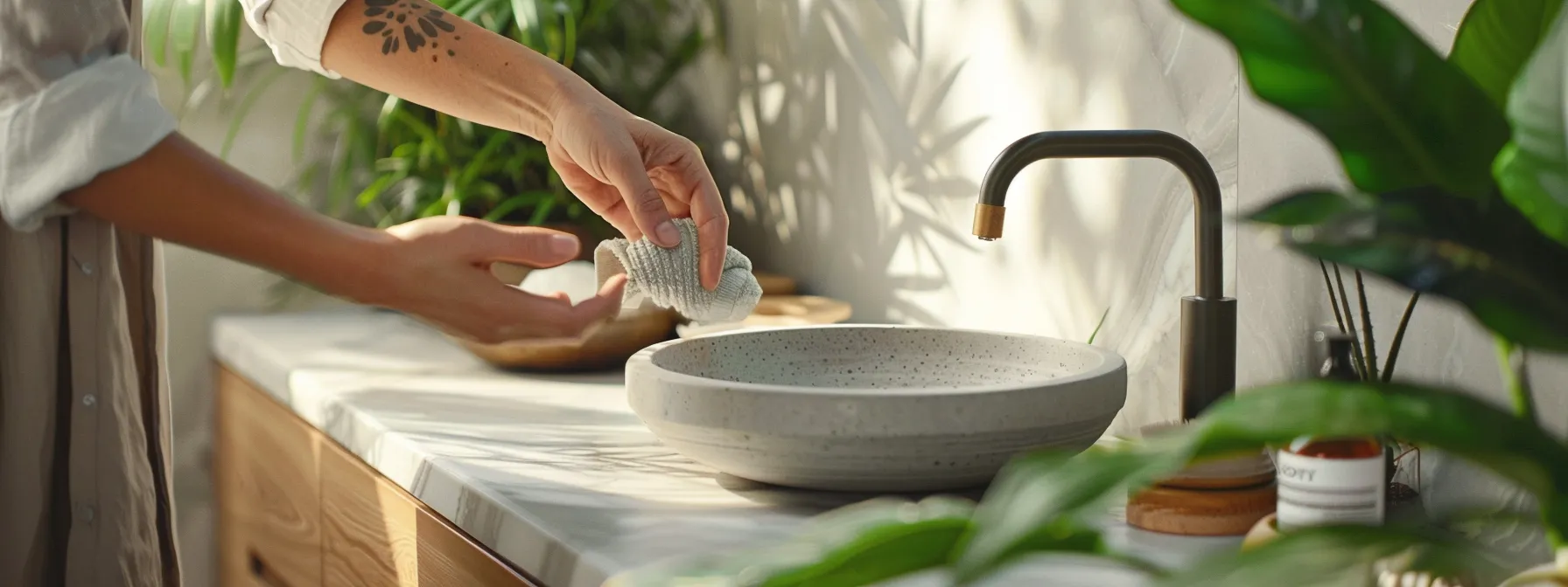 a person carefully choosing eco-friendly and low-emission materials for benchtop refinishing in a bright, airy bathroom.