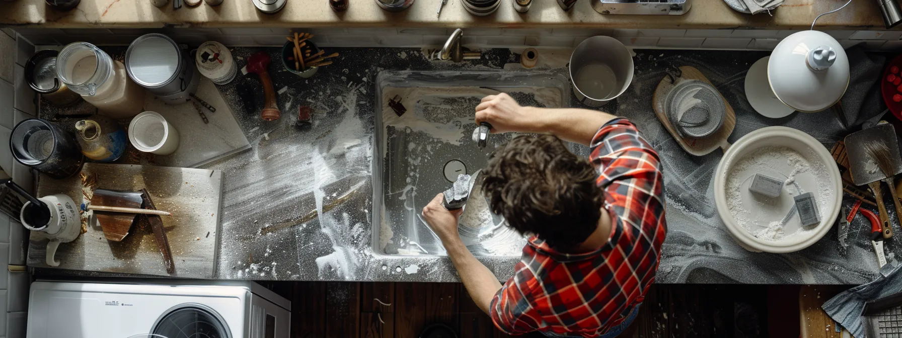 a person meticulously prepping their benchtop for resurfacing, surrounded by tools and materials, with careful attention to detail.