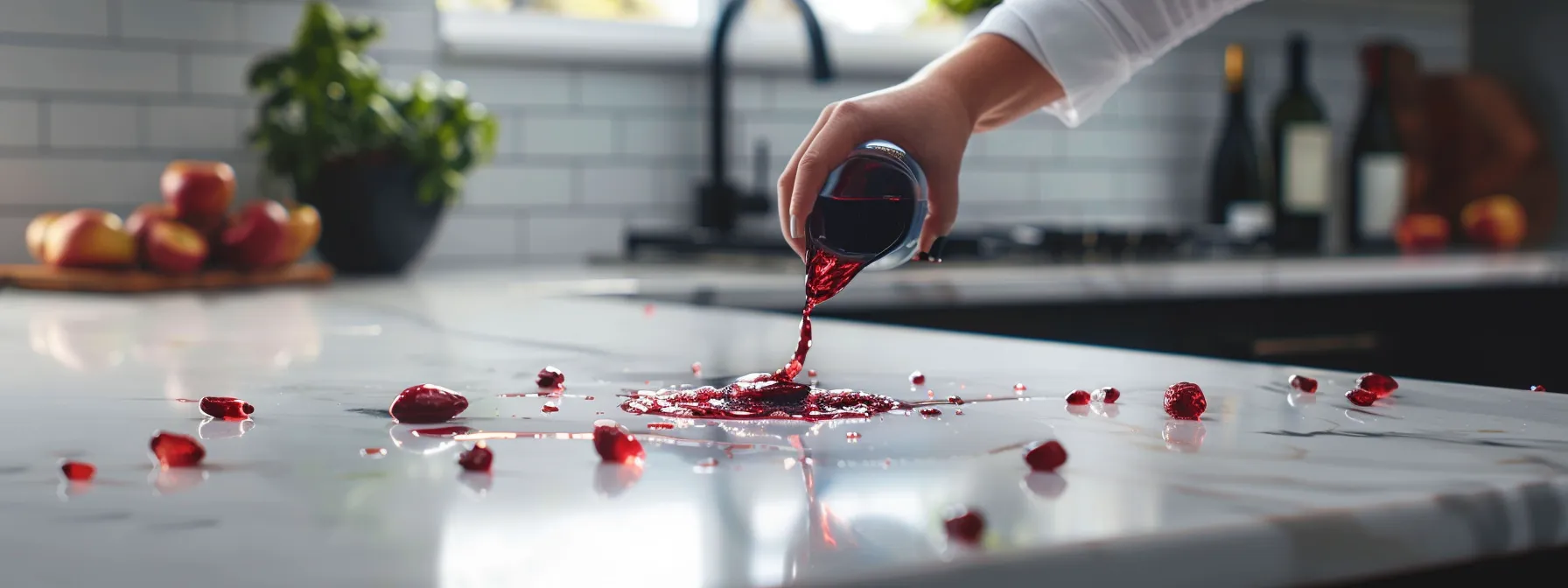 a person swiftly cleaning up a red wine spill on a newly resurfaced white countertop.