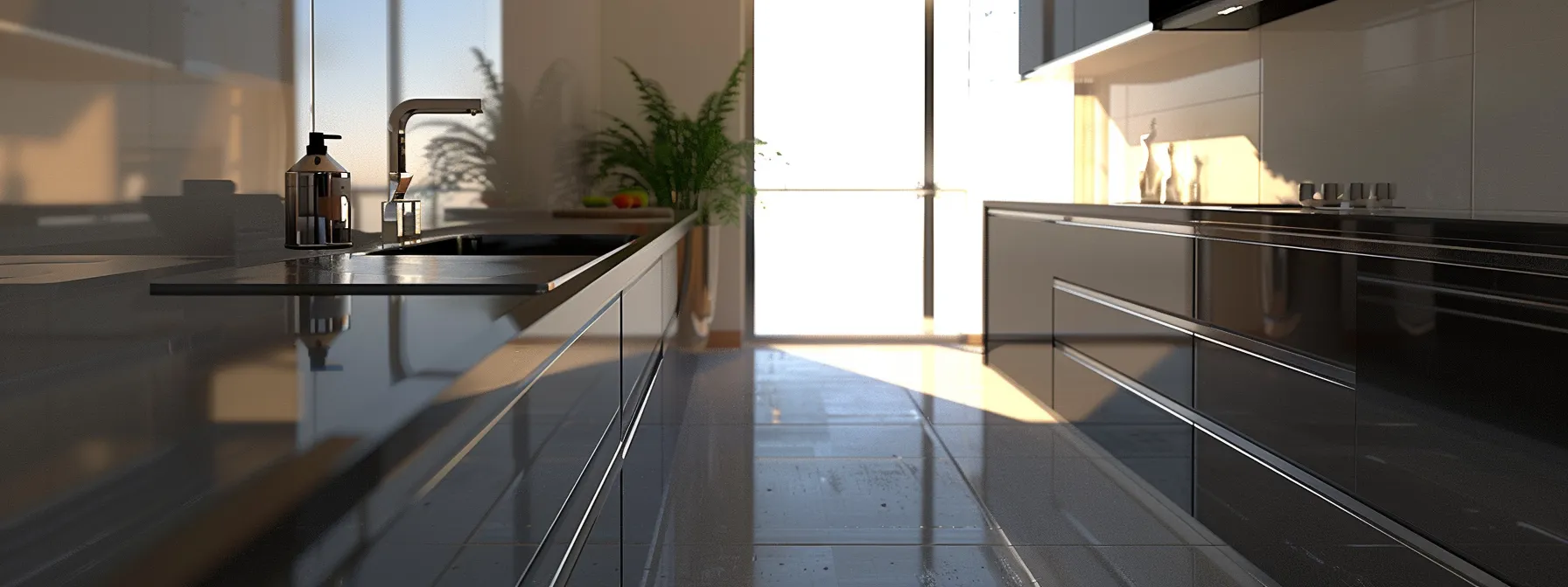 a photo of a sleek, modern kitchen with a glossy epoxy benchtop, showcasing different materials that affect resurfacing costs.