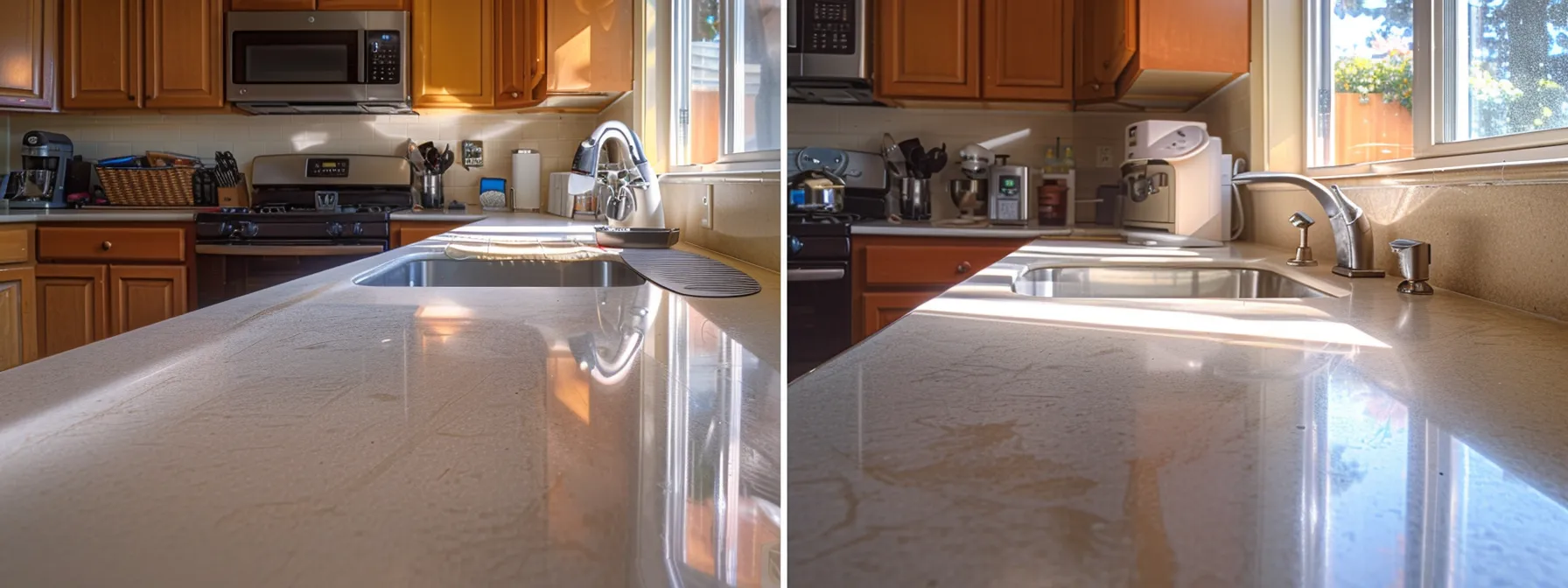 a pristine kitchen counter being meticulously cleaned and repaired, surrounded by protected floors and ready for resurfacing.