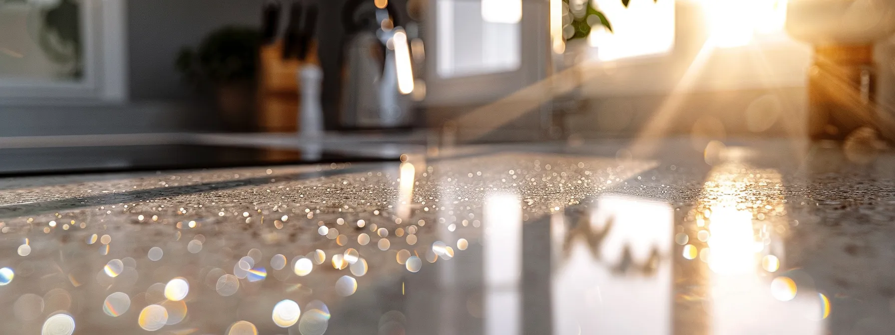 a pristine quartz benchtop sparkling elegantly against a backdrop of dull granite and marble slabs, highlighting its superiority in durability and aesthetics.