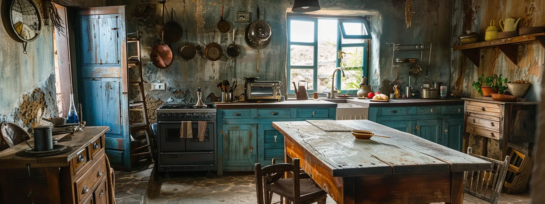 a rustic kitchen with a worn benchtop being resurfaced by a team of workers in a remote countryside location.