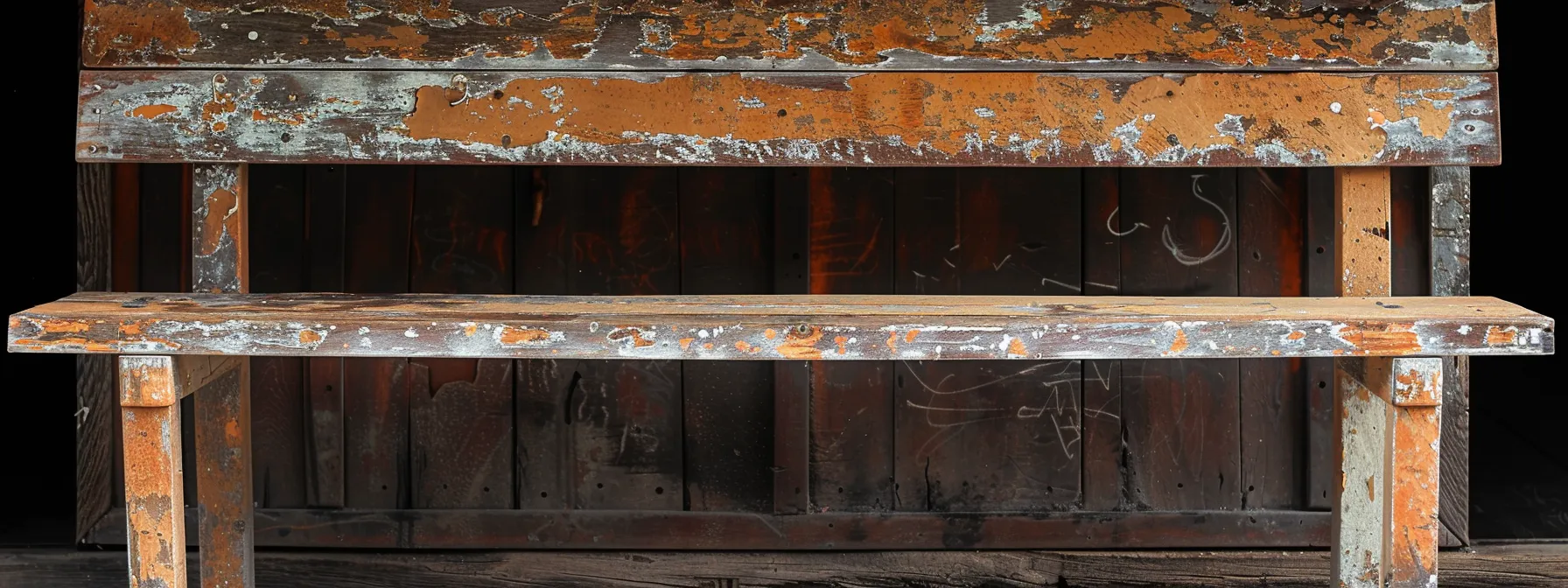 a rustic wooden bench covered with layers of primer, paint, and decorative finishes, showcasing a blend of textures and colors.