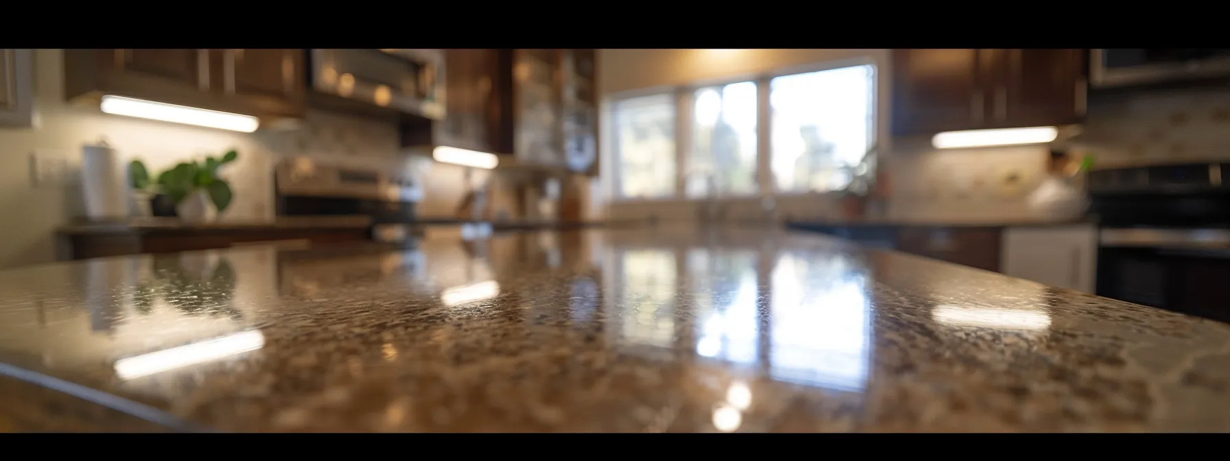 a shiny, spotless resurfaced countertop gleaming under warm overhead lighting.