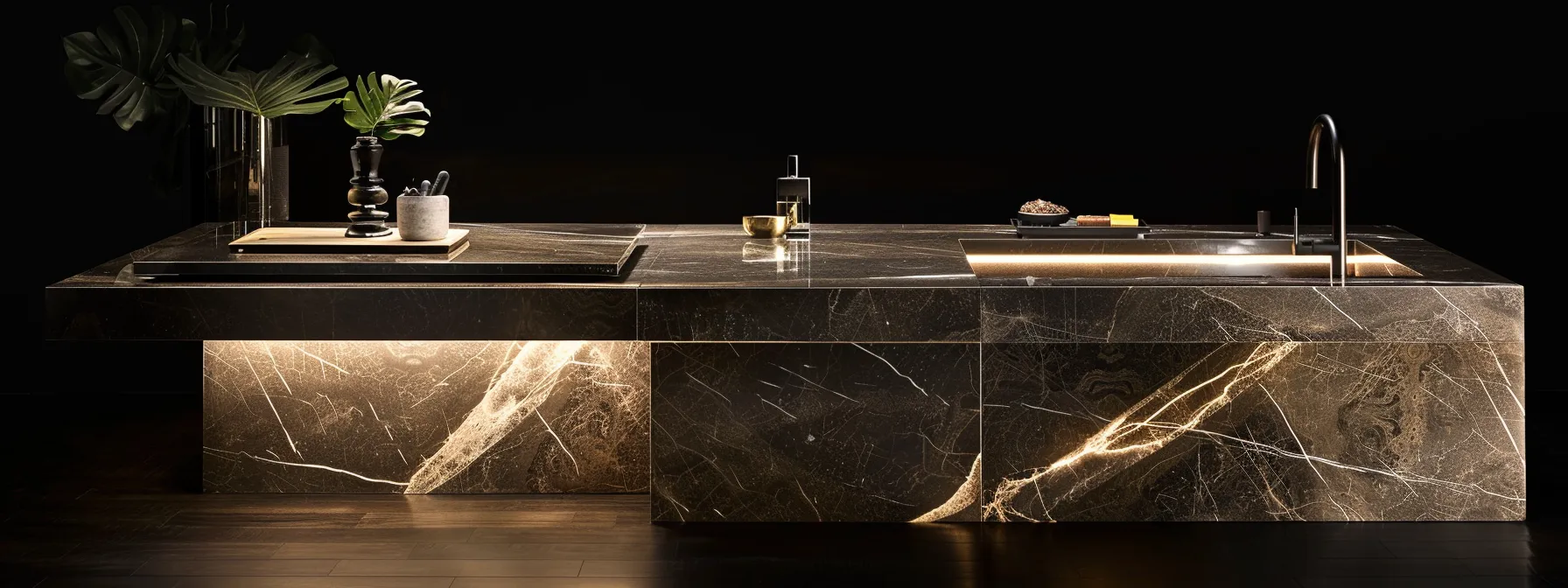 a sleek and modern kitchen benchtop, customized with a marble pattern, integrated sink, and seamless appliances.