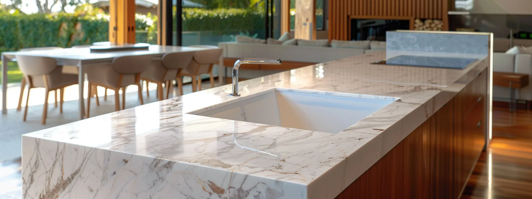 a sleek and modern marble benchtop with a precision cut sink cutout and intricate edge profiles, showcasing the impact of customizations on cost.