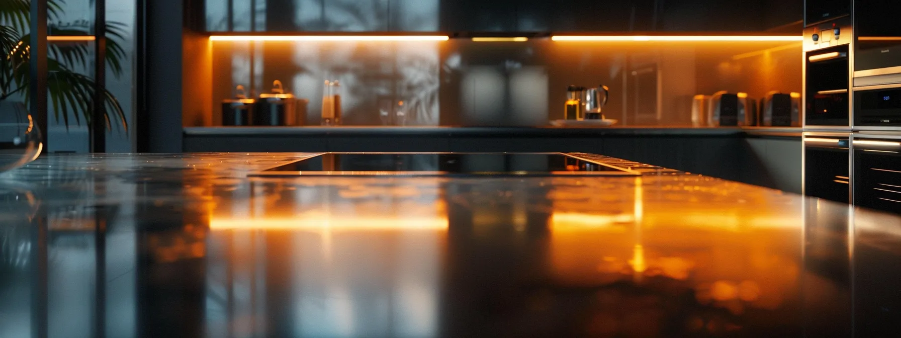 a sleek, glossy epoxy resin coated benchtop gleaming in a modern kitchen setting.