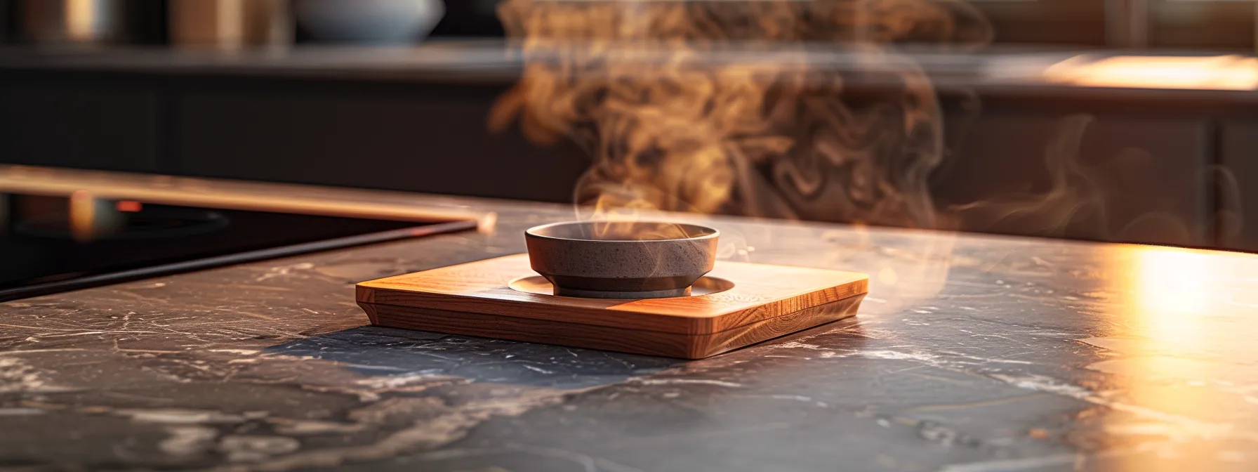 a sleek marble countertop with a stylish wooden trivet preventing heat damage from a steaming hot pot.