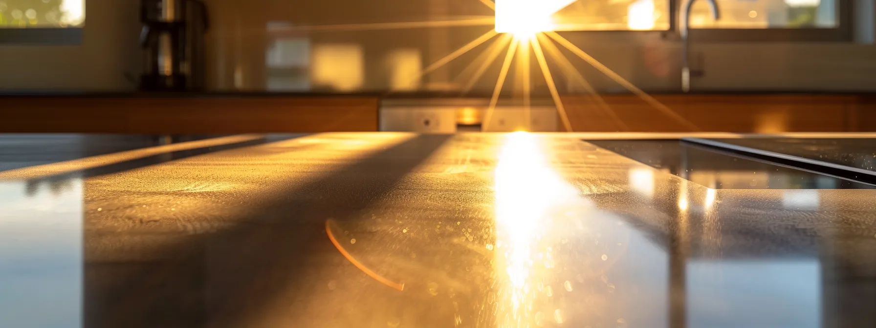 a sleek, modern kitchen benchtop with a glossy, scratch-resistant surface, reflecting the warmth of a morning sunlight filtering through a nearby window.