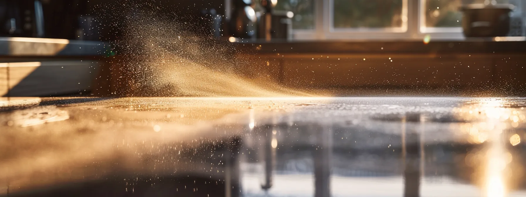 a sleek, modern kitchen counter being skillfully sprayed with a fresh coat of resin, transforming it into a stylish focal point of the room.