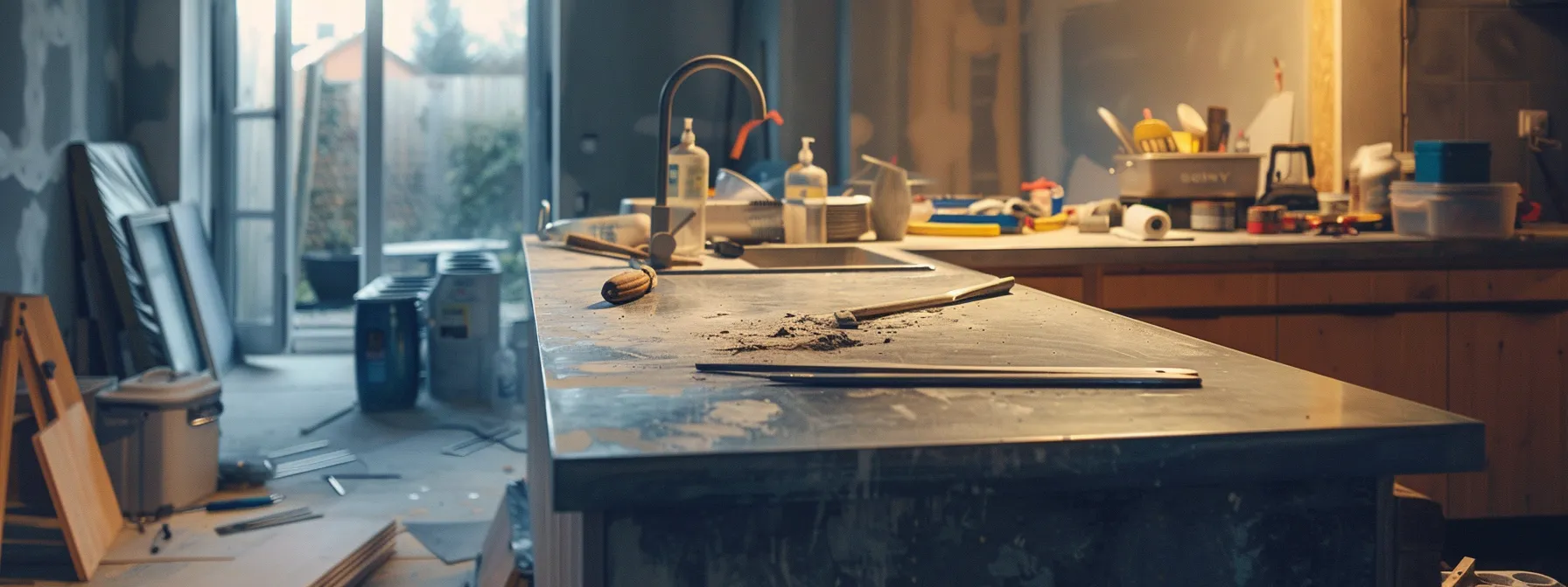 a sleek, modern kitchen counter made of durable steel, surrounded by tools and contractors working efficiently, showcasing a cost-effective benchtop resurfacing project in progress.