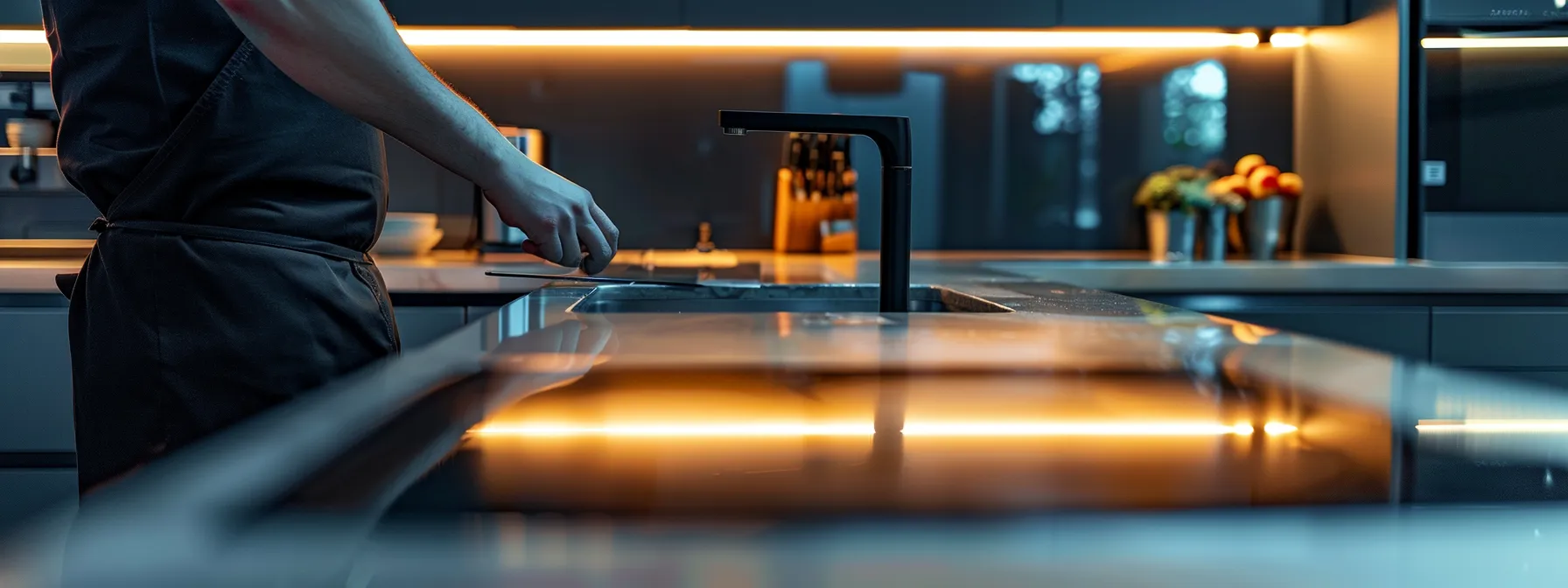 a sleek, modern kitchen countertop being carefully inspected by a professional for signs of wear and tear.