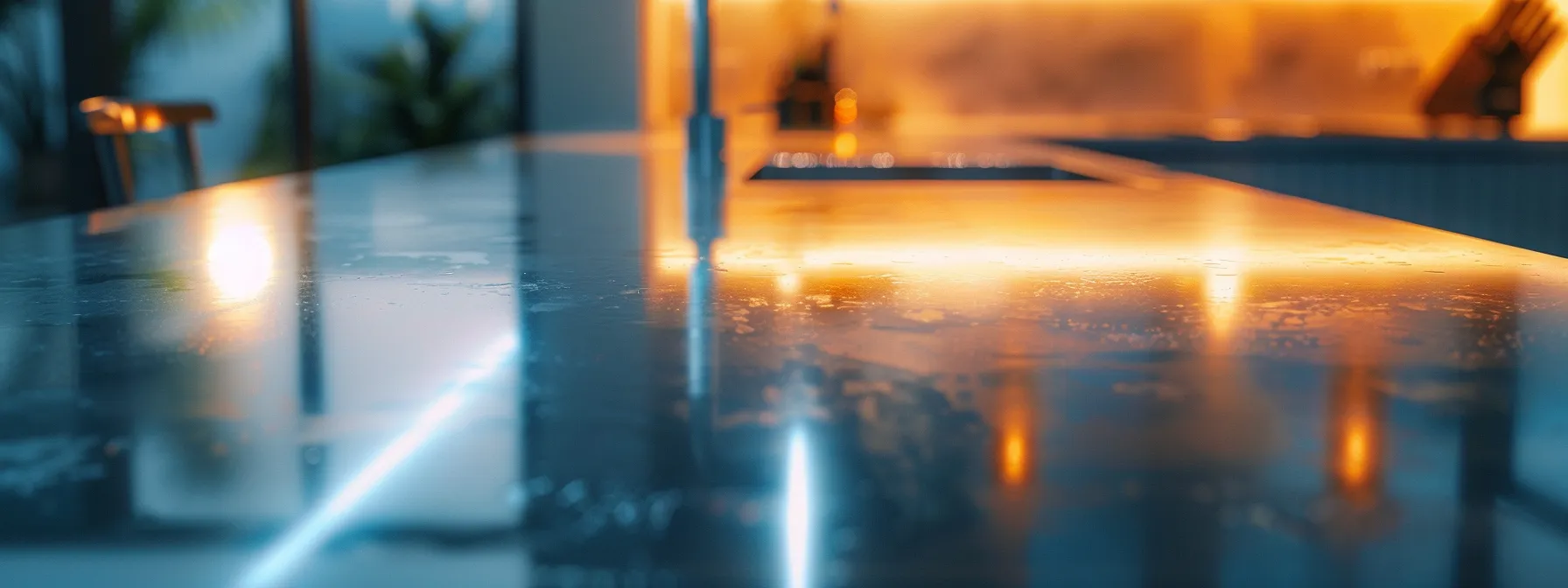 a sleek, modern kitchen countertop gleaming with a fresh coat of epoxy, transforming the space from drab to fab.