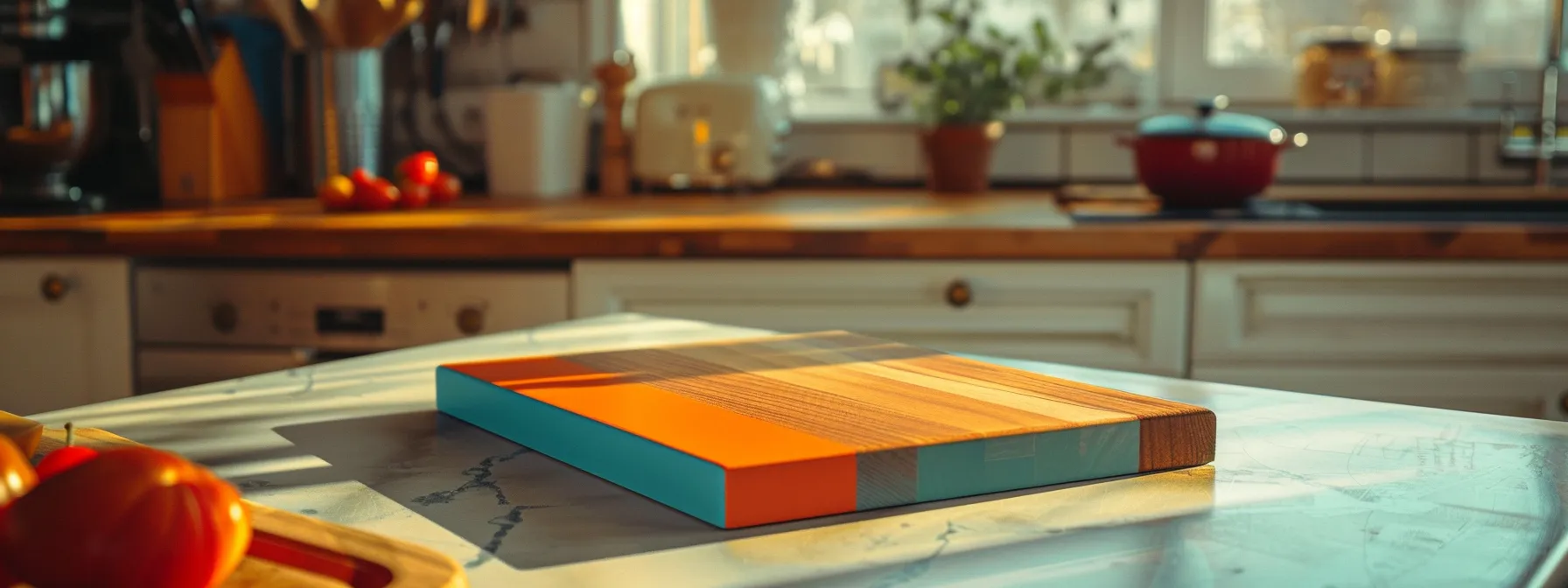 a sleek, modern kitchen with a vibrant cutting board on a pristine countertop surrounded by protective mats, showcasing the importance of safeguarding surfaces from damage.