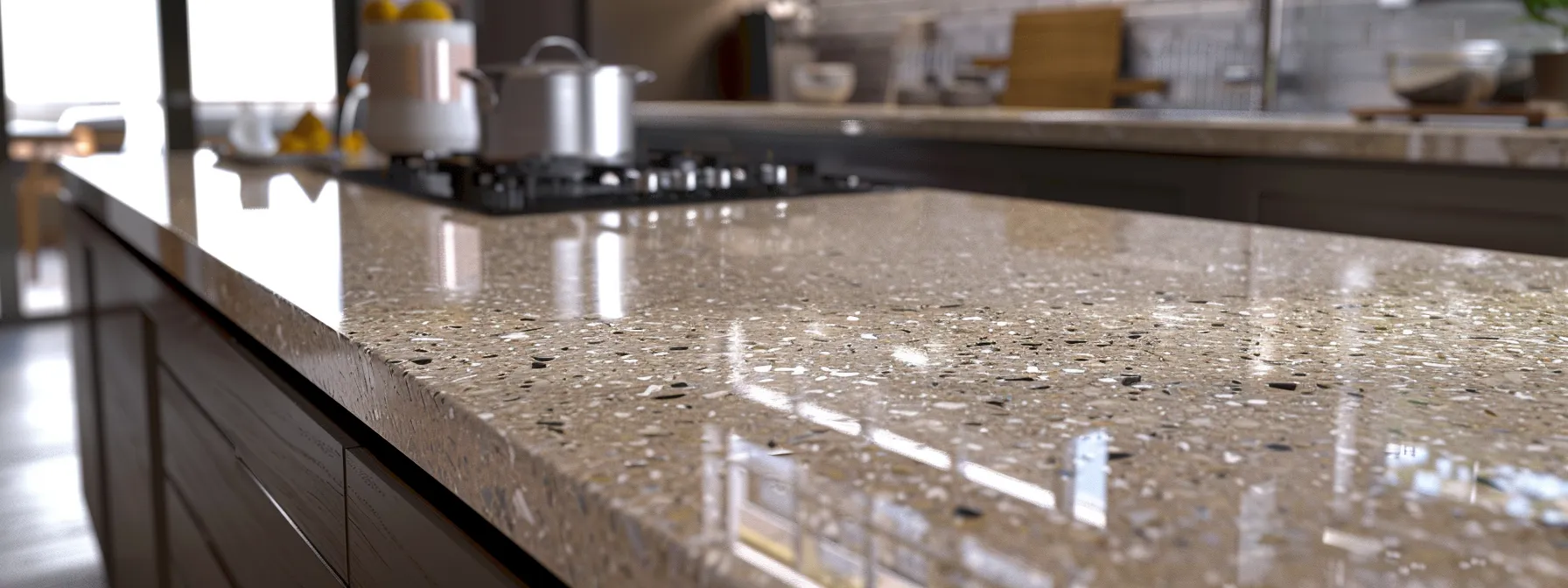 a sleek, modern kitchen with a glossy, scratch-resistant quartz countertop gleaming under the light.