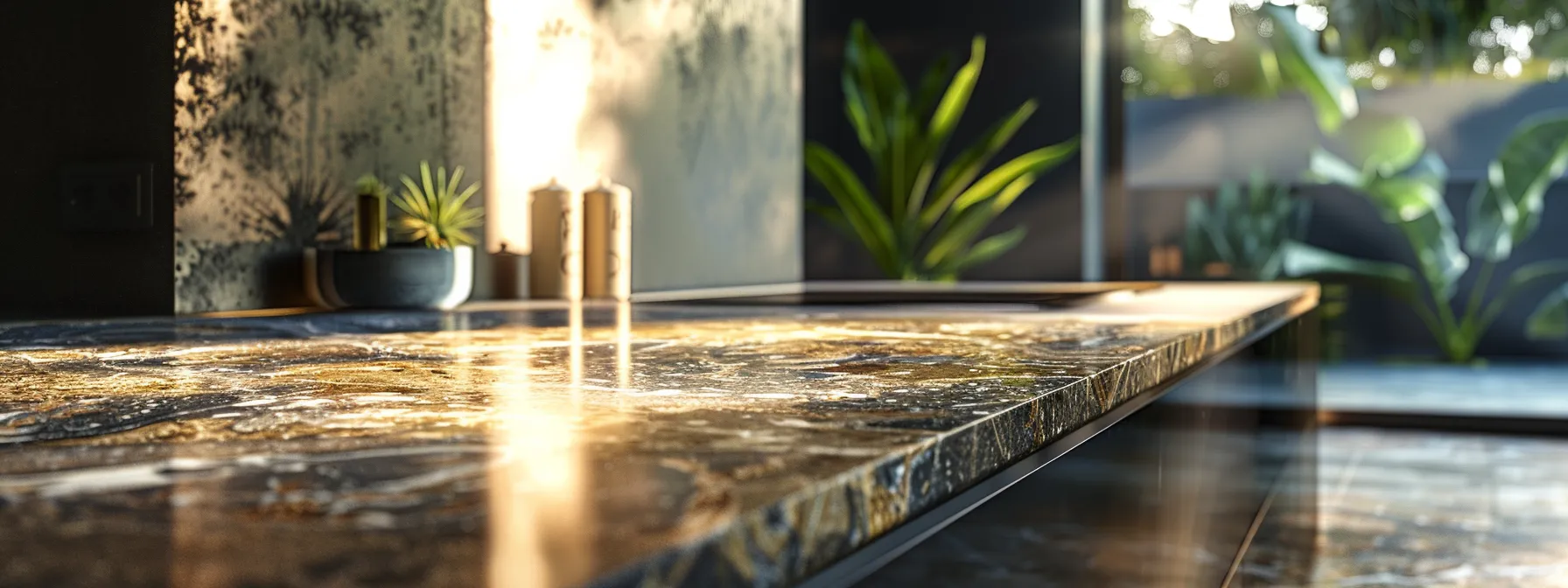 a sleek, modern kitchen with a glossy, marble-patterned resurfaced benchtop as the focal point.