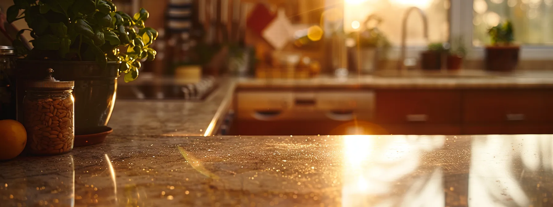 a sparkling kitchen countertop gleaming under soft lighting, showcasing the beauty and durability of a well-maintained surface.