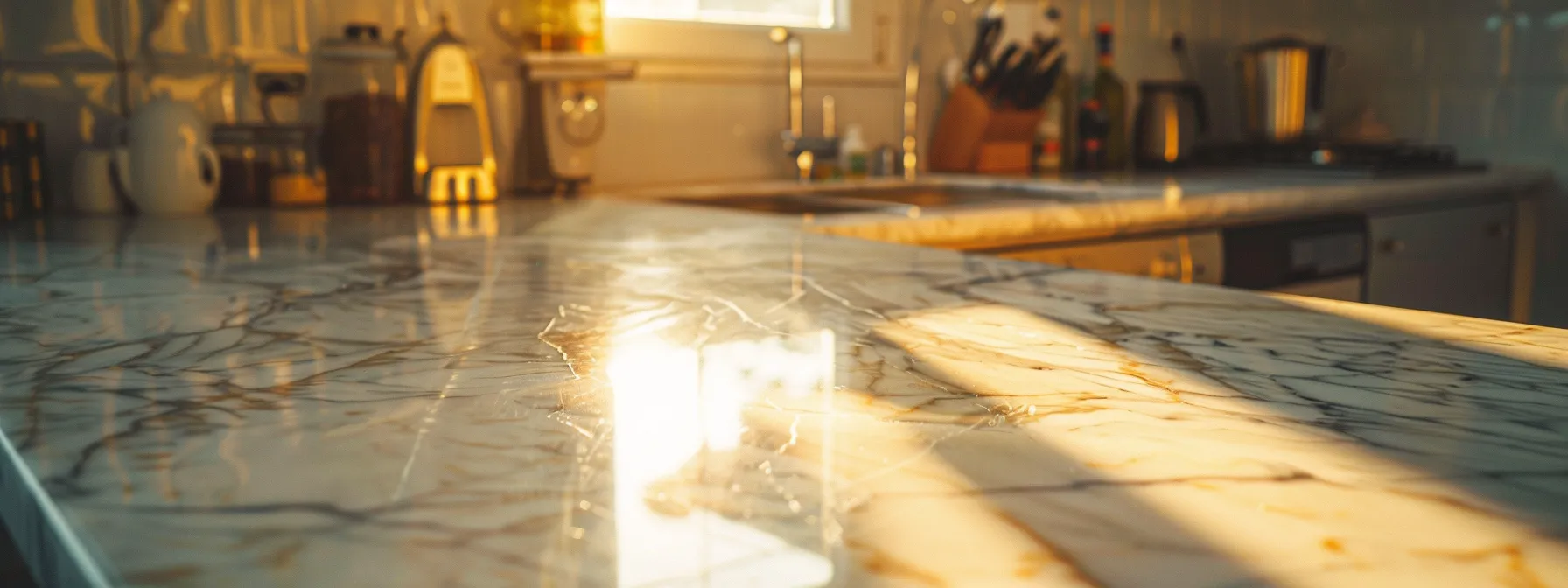 a sparkling white marble countertop gleaming under bright kitchen lights after a thorough deep cleaning treatment, showcasing a spotless surface free of stubborn stains.