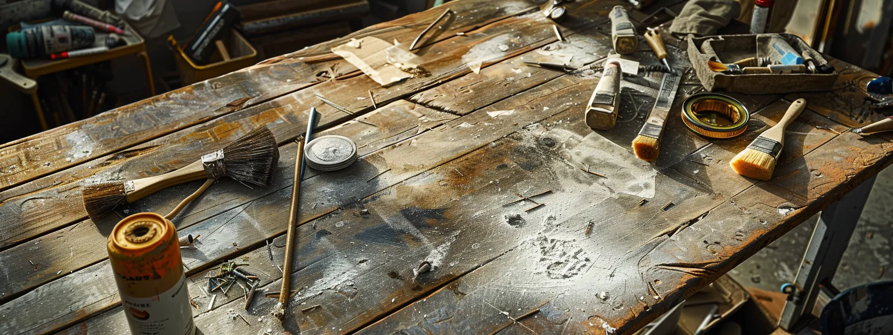 a table scattered with brushes, sandpaper, and protective gear, ready for a benchtop refinishing project.