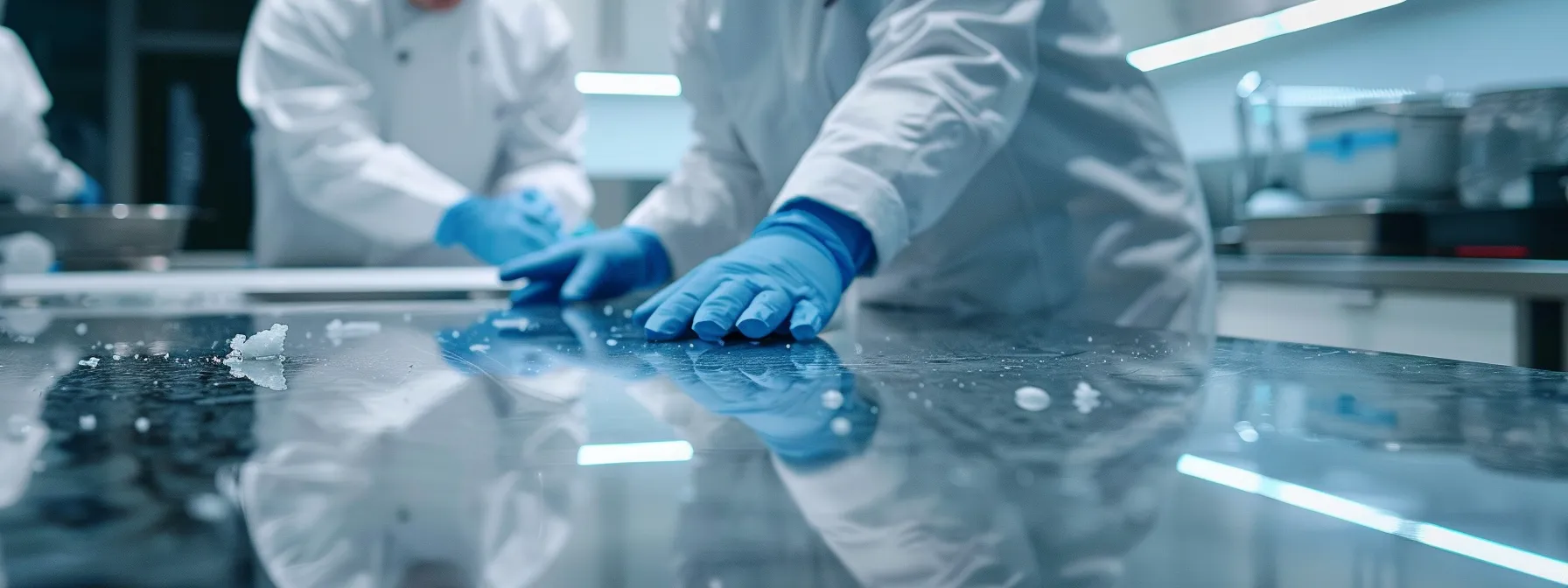 a team of professionals inspecting a gleaming benchtop, ensuring its long-lasting durability and beauty.