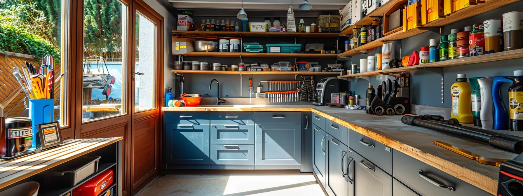 a well-equipped workshop with a variety of quality resurfacing paints and coatings for quartz and wood materials, alongside neatly organized tools ready for a diy benchtop resurfacing project.