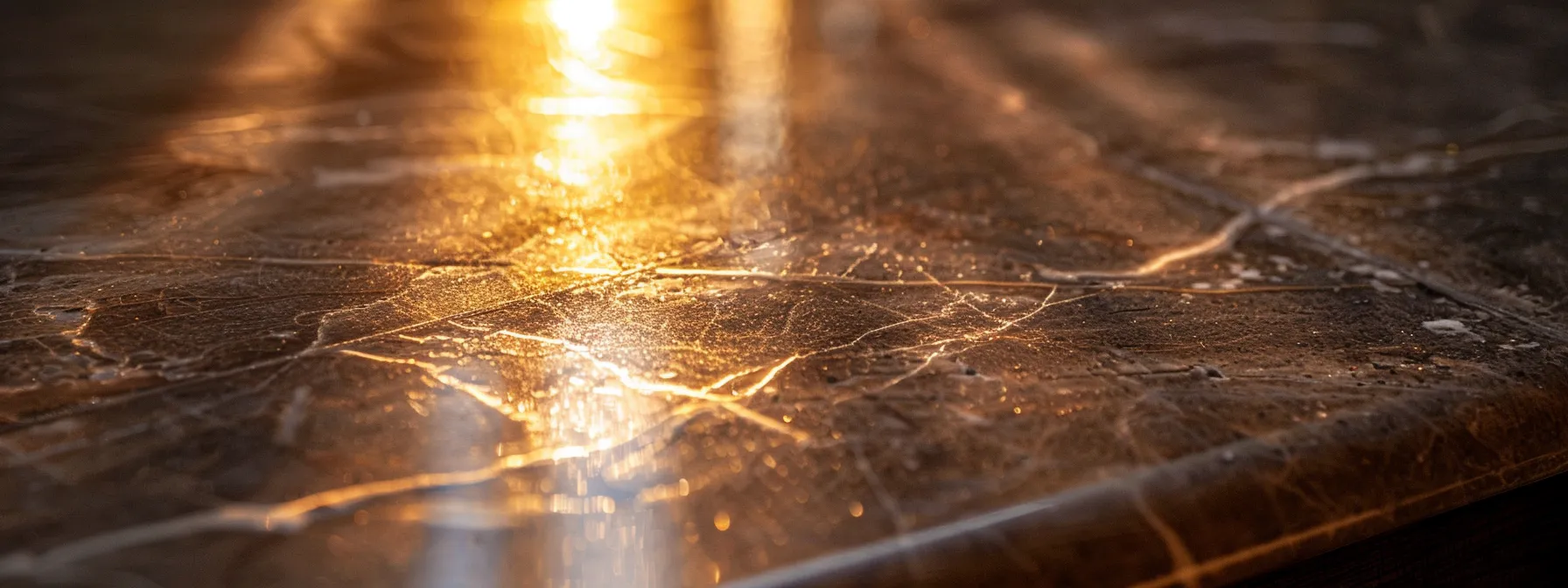 an elegant marble countertop shining under a warm light, showcasing durability and quality in benchtop refinishing.