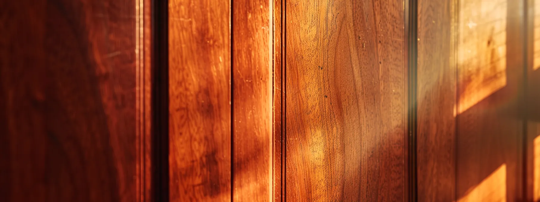 a close-up shot of a sleek, cherry wood cabinet door showcasing its natural grain and rich color, highlighting its durability and aesthetic appeal.