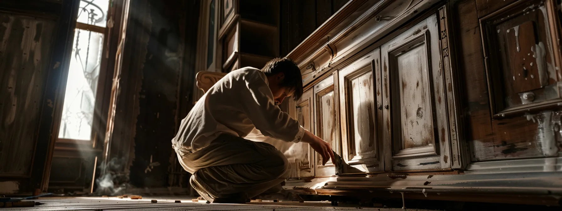 a craftsman meticulously resurfacing a cabinet, showcasing their expertise with precision and attention to detail.