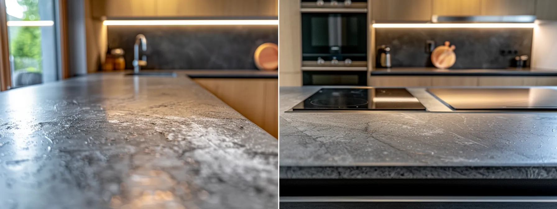 a modern kitchen countertop before and after resurfacing, showcasing a sleek and cost-effective upgrade.