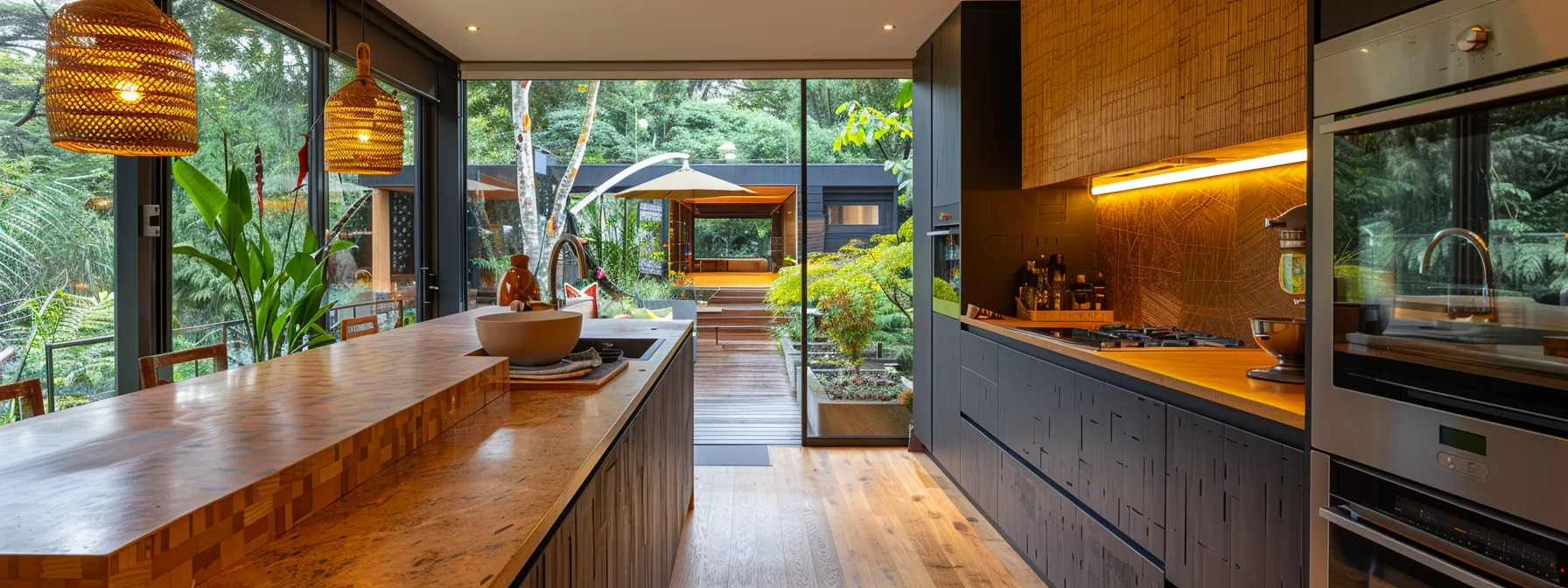 a modern kitchen with a sleek recycled glass countertop, a stylish bamboo benchtop, and a rustic reclaimed wood countertop, all showcasing sustainable materials for eco-friendly benchtops.