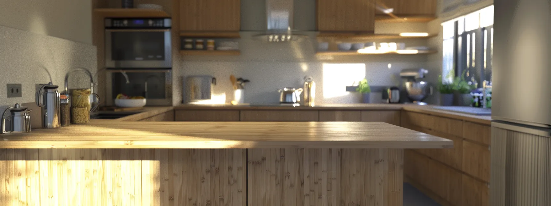 a modern kitchen with sleek bamboo countertops and recycled wood cabinets, adorned with low-voc paints, creating a sustainable and stylish design.