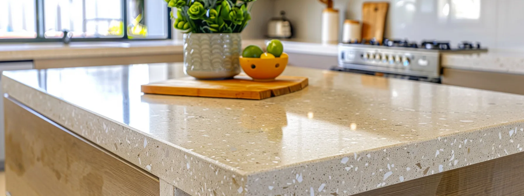 a modern, sleek caesarstone benchtop in a stylish kitchen setting, seamlessly blending with the eco-friendly design theme.