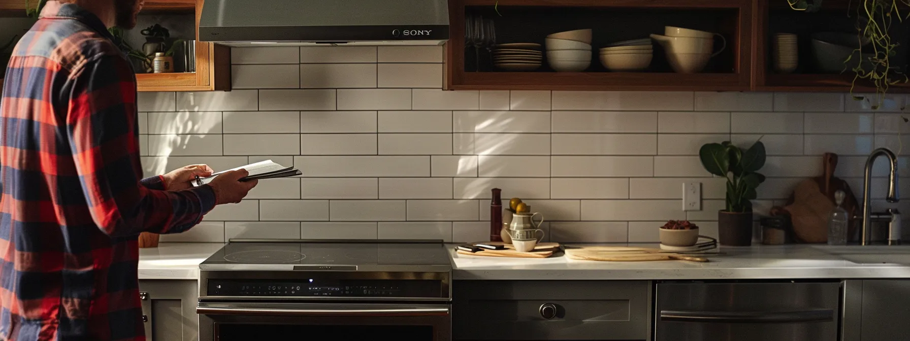 a person carefully reviewing different cabinet resurfacing options, with a calendar in hand, while standing in a well-prepared and organized kitchen space.