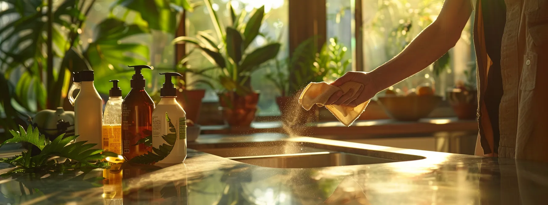 a person gently wiping down a gleaming eco-friendly benchtop with a bamboo cloth, surrounded by eco-friendly cleaning products and a potted plant.