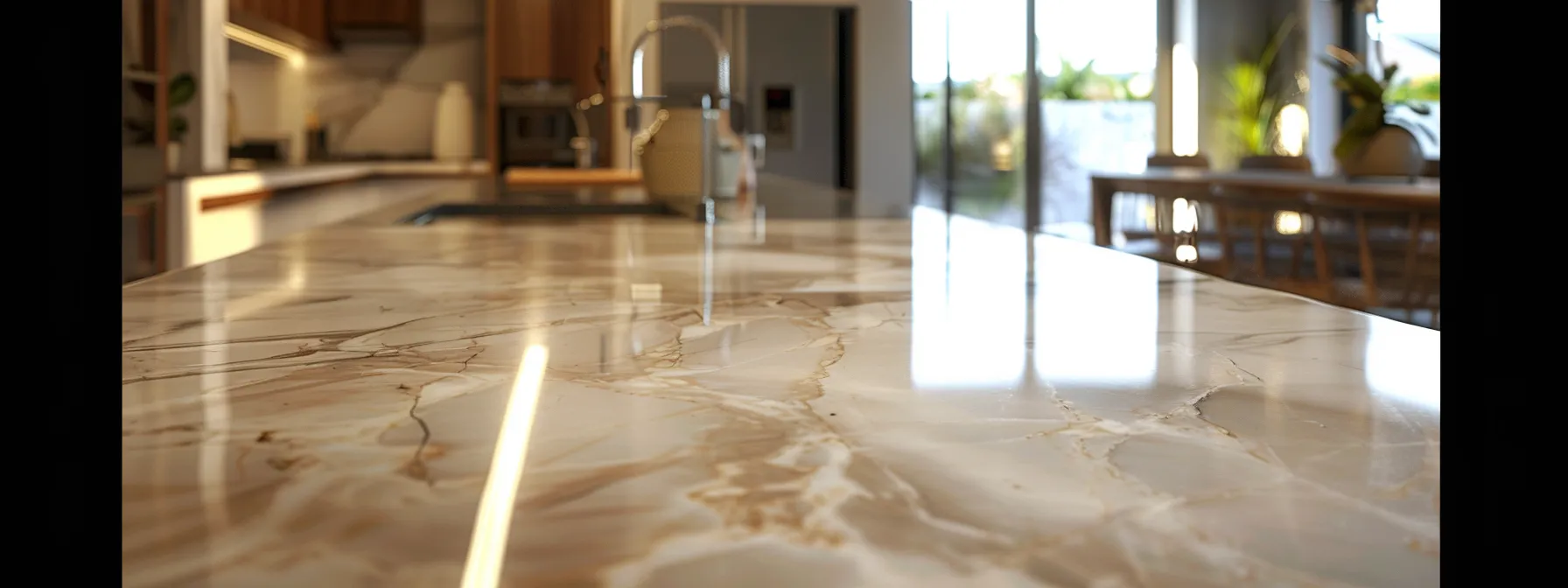 a pristine marble benchtop being resurfaced to a glossy finish, showcasing the cost-effective and transformative nature of this home improvement option.