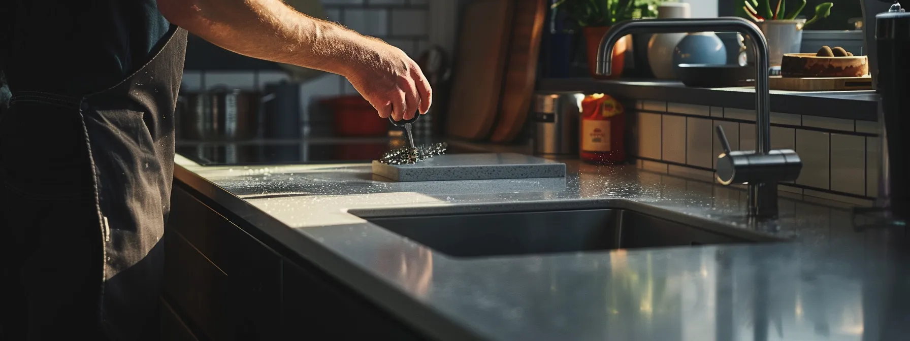 a skilled installer gently placing a sleek, eco-friendly benchtop onto a meticulously prepared kitchen counter, surrounded by bins for recycling old materials.