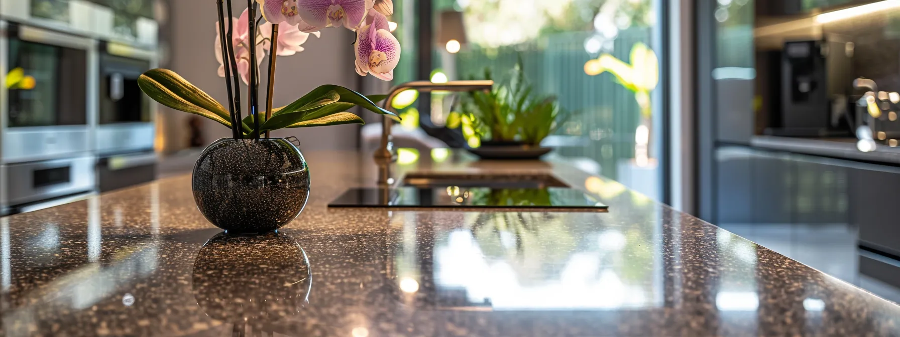 a sleek, modern kitchen with a stunning recycled glass countertop as the focal point, showcasing the beauty and sustainability of eco-friendly benchtop renovations.