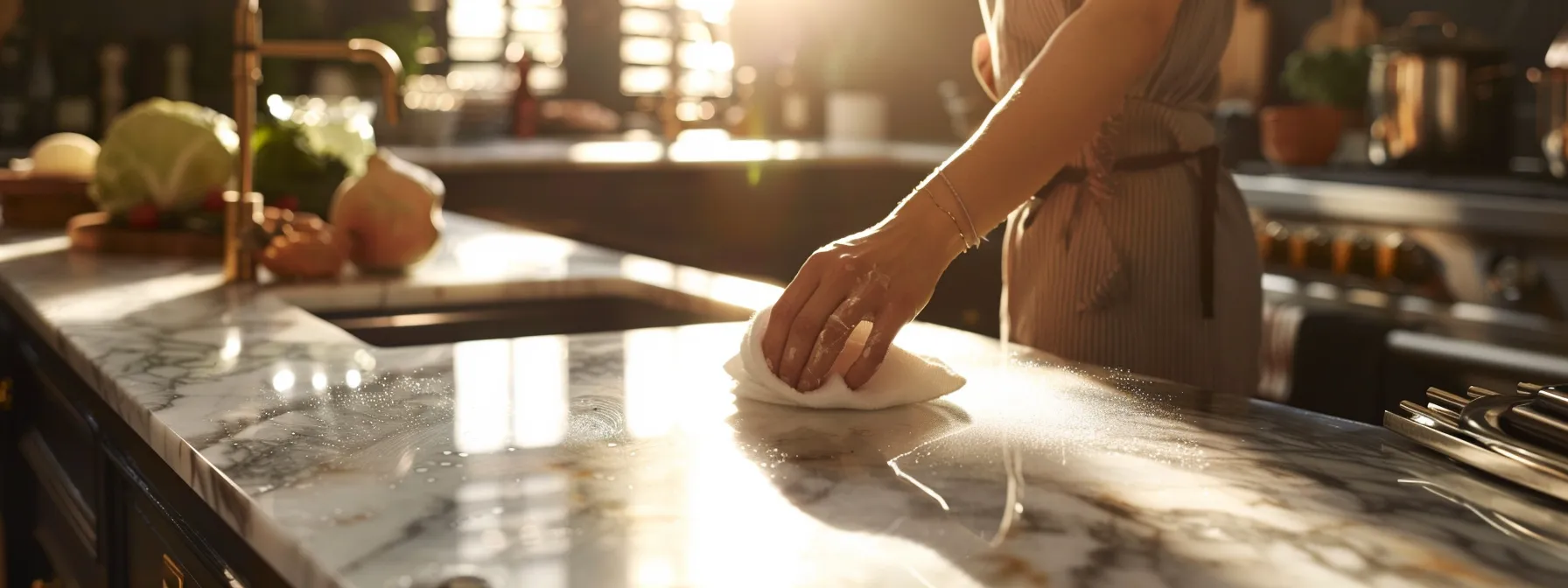 a gleaming marble countertop being gently wiped down by a person with a soft cloth, surrounded by spotless kitchen utensils and appliances.