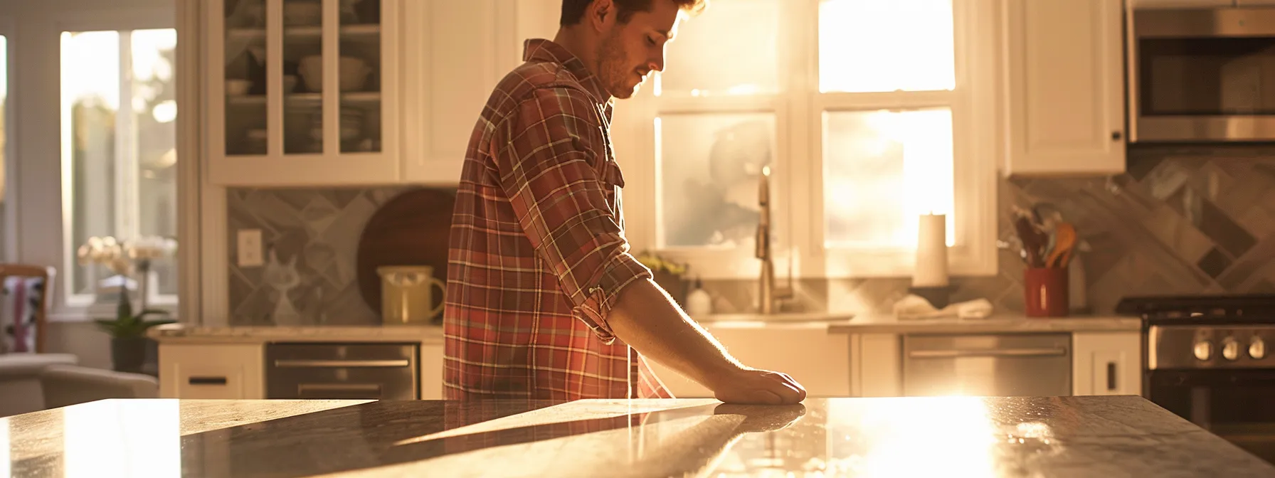 a homeowner inspecting a smooth, gleaming resurfaced countertop under the bright kitchen lights, looking impressed by the professional craftsmanship.