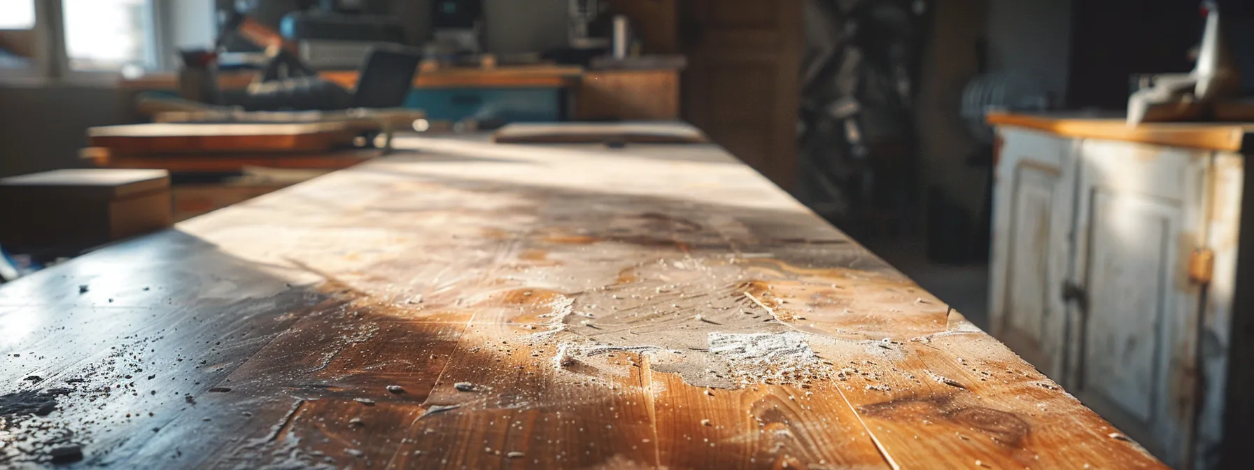 a kitchen benchtop being meticulously sanded and prepared for resurfacing, showcasing the detailed repair and smoothing process in progress.