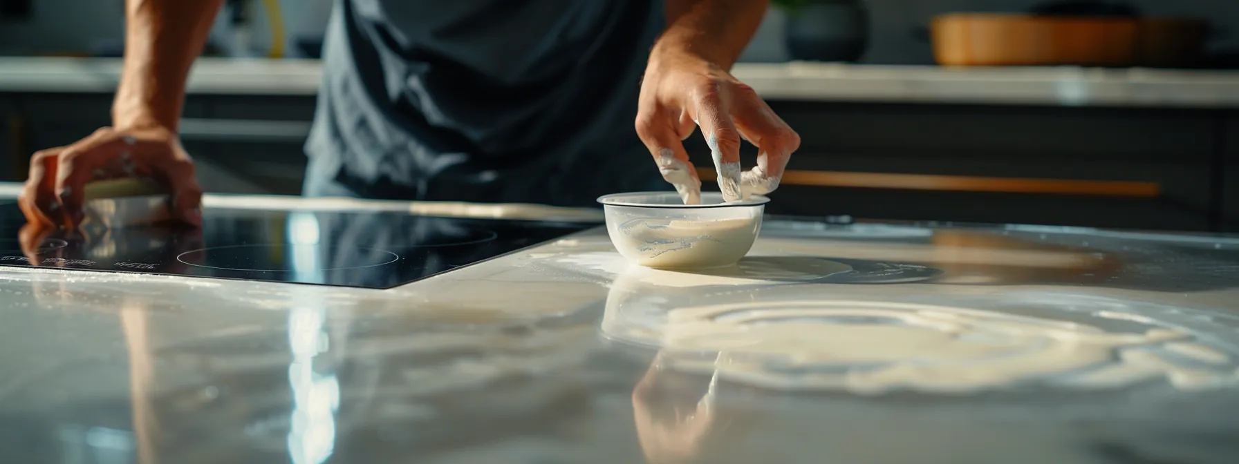 a person carefully applying primer with precision on a countertop surface, creating a smooth and flawless finish.