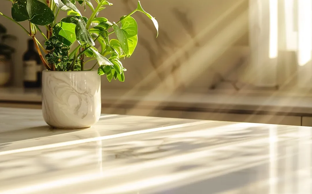 a pristine white marble benchtop gleaming under the sunlight, showcasing the effortless beauty and easy maintenance of resurfaced surfaces.