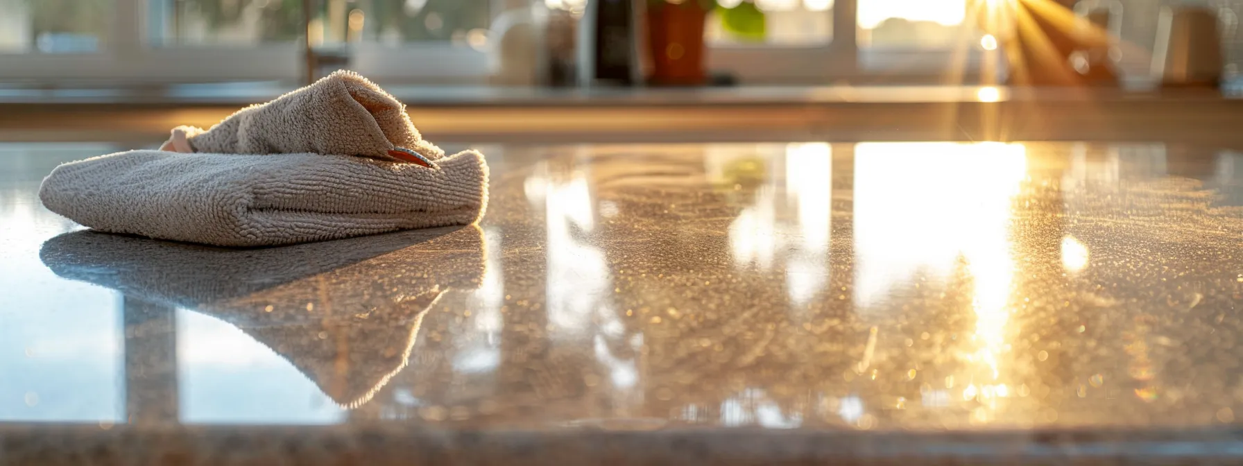 a shiny, gleaming benchtop being carefully wiped down with a soft cloth, showcasing the importance of post-resurfacing care for longevity.