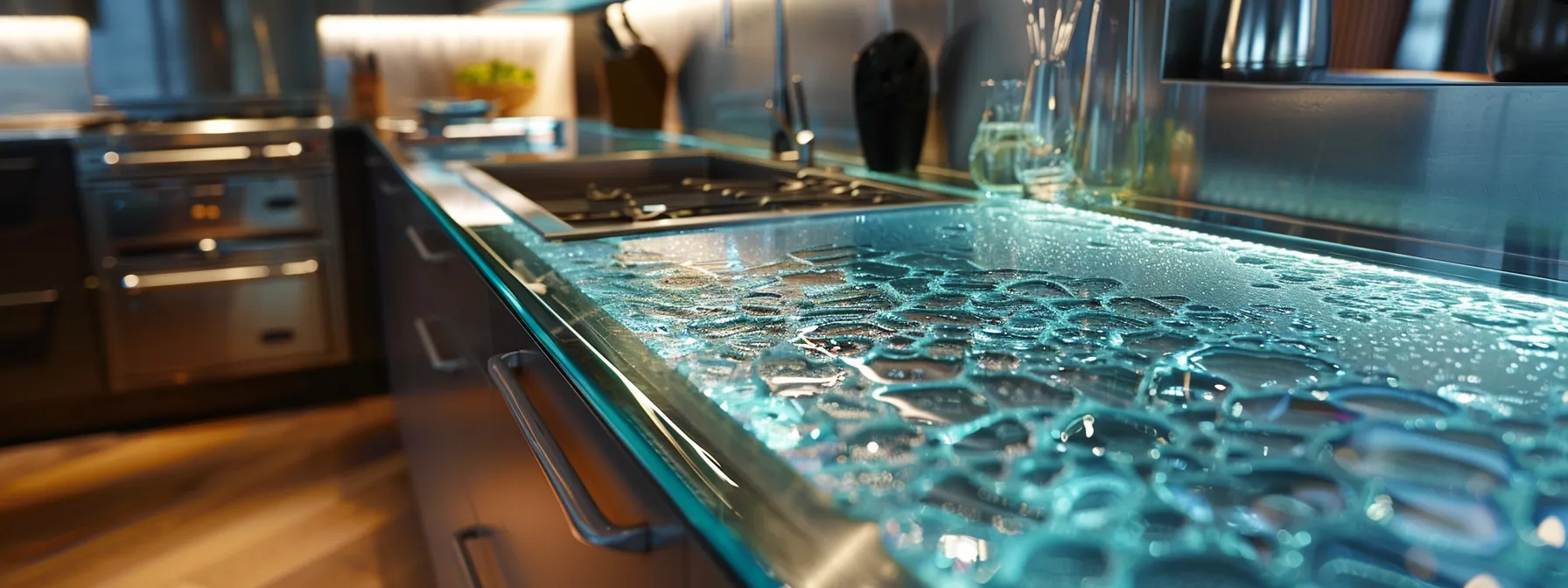 a sleek, modern kitchen with a stunning recycled glass benchtop, perfectly complementing the surrounding hardwood flooring and stainless steel appliances.