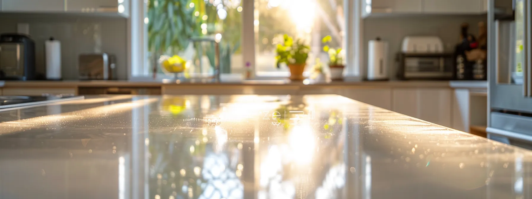 a sparkling, gleaming kitchen benchtop, free of spills and stains, shining under the bright kitchen lights.