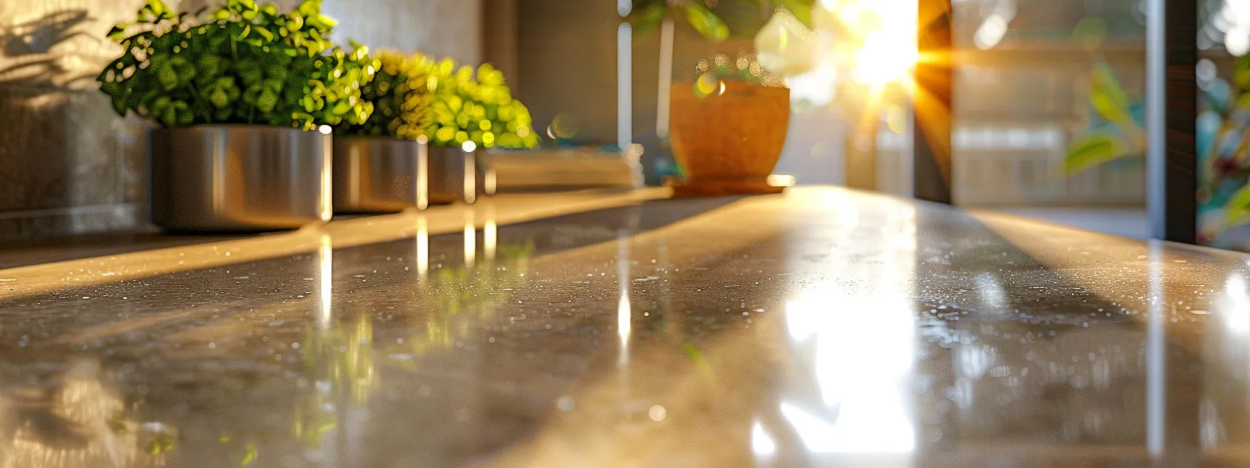 a sparkling, pristine countertop shining under a soft light, showcasing the beauty and durability of proper maintenance after resurfacing.