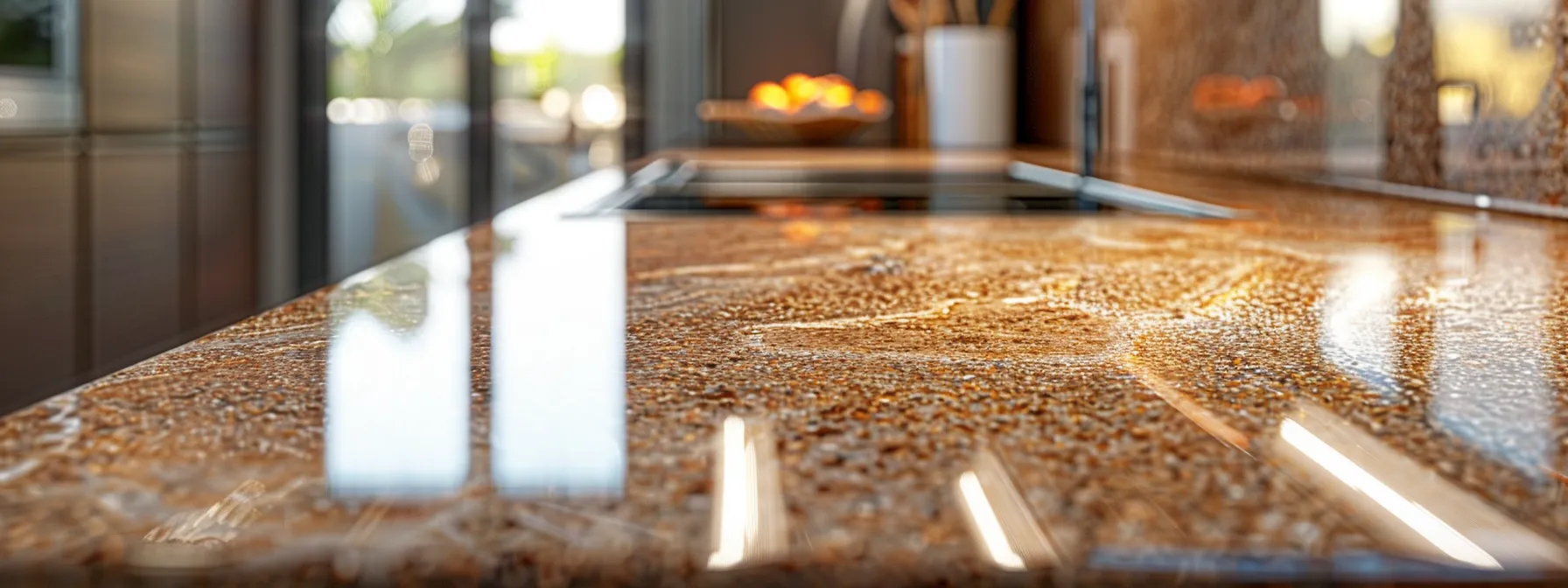  a sparkling, spotless granite benchtop glistening under the warm kitchen light, showcasing the ease of maintenance offered by resurfaced surfaces.