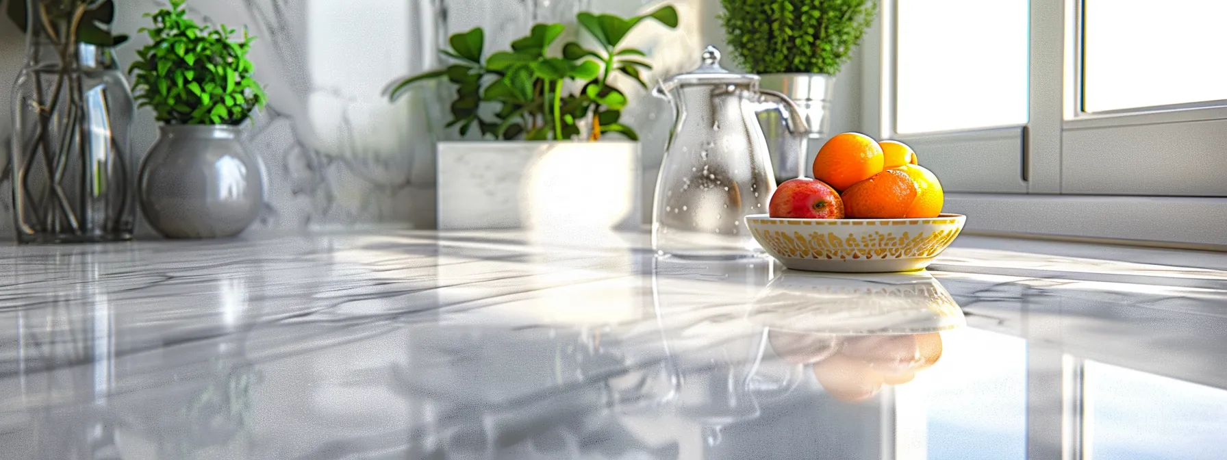 a sparkling white marble benchtop gleaming under the light, showcasing effortless cleaning and maintenance after resurfacing.