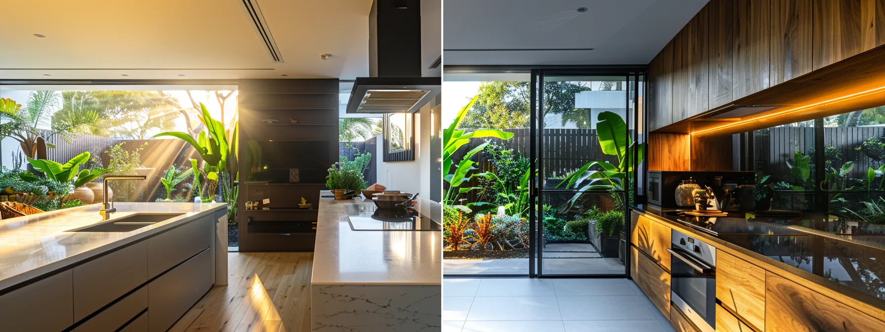 a stunning kitchen with a worn-out benchtop transformed into a sleek, modern surface, surrounded by before-and-after photos showcasing the impact of resurfacing.